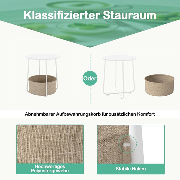 GYMAX Beistelltisch rund, Kleiner Tisch mit 2 Ebenen &amp; abnehmbarem Stoffkorb, Sofatisch mit Metallra