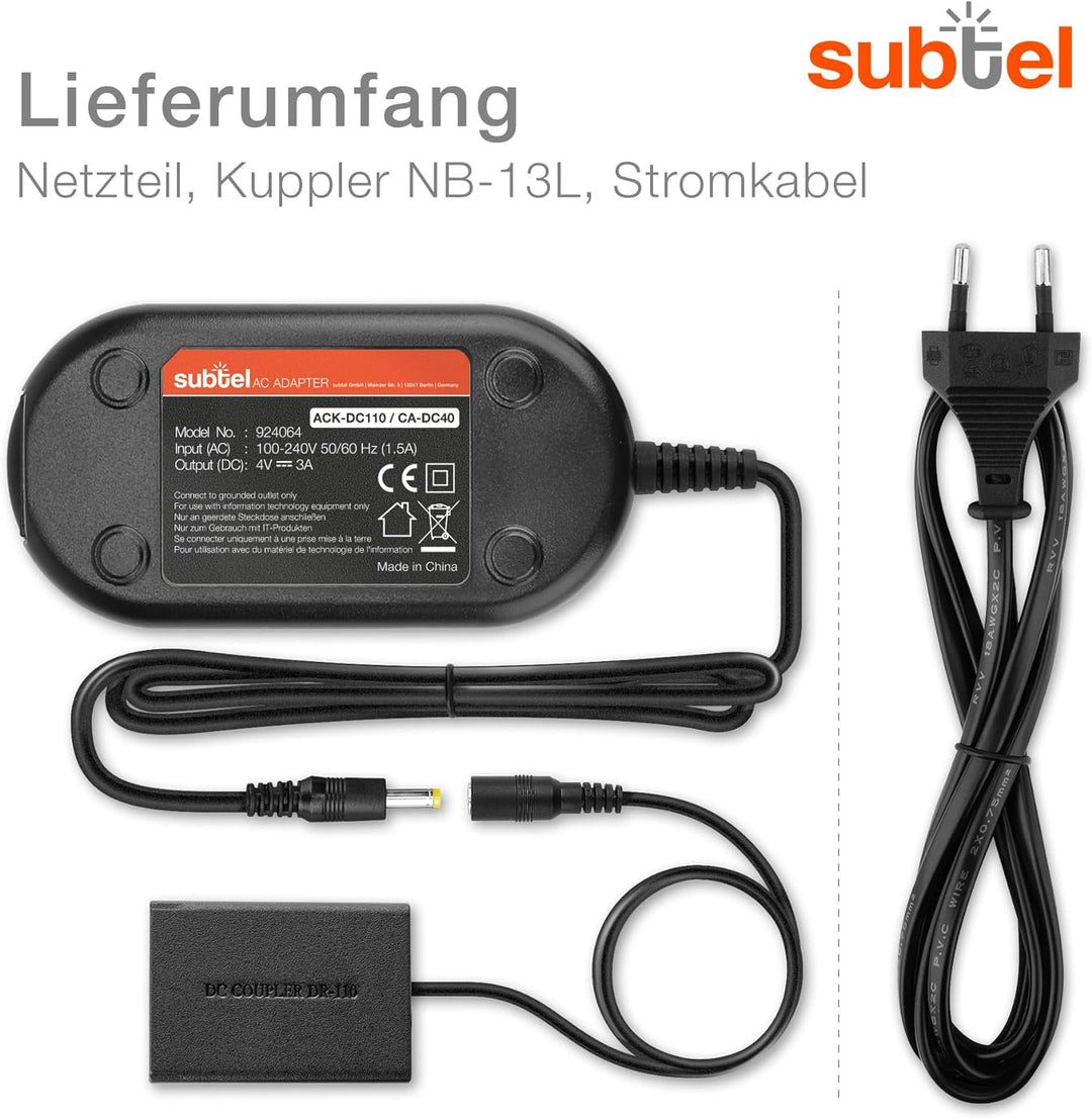 subtel® Netzteil kompatibel mit Canon PowerShot G7 X MK II G1x Mark III G5 X Mark II G9 X Mark II Po