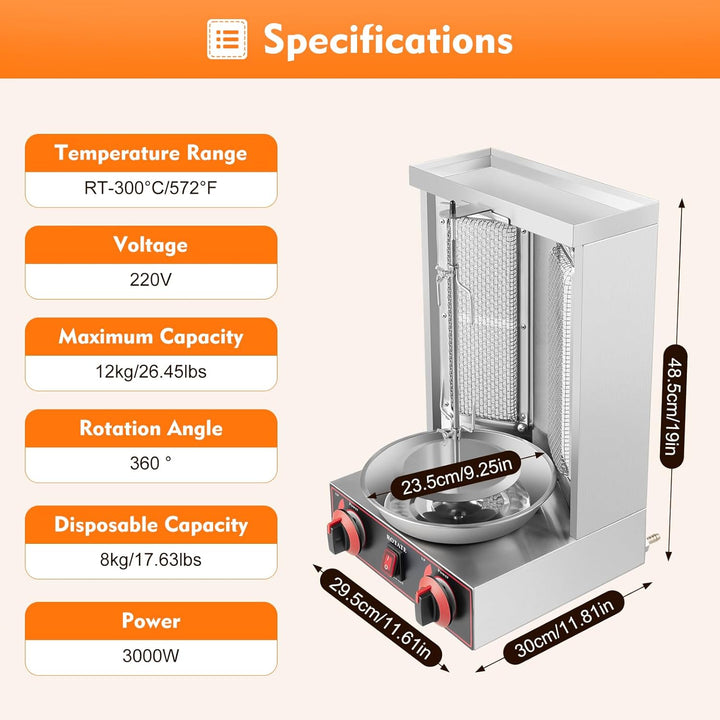 Gas Kebab Machine, 2 Brenner Kebap Grill, Vertical Gyrosgrill Grillofen mit Anti-Rutsch-Füsse, Elekt