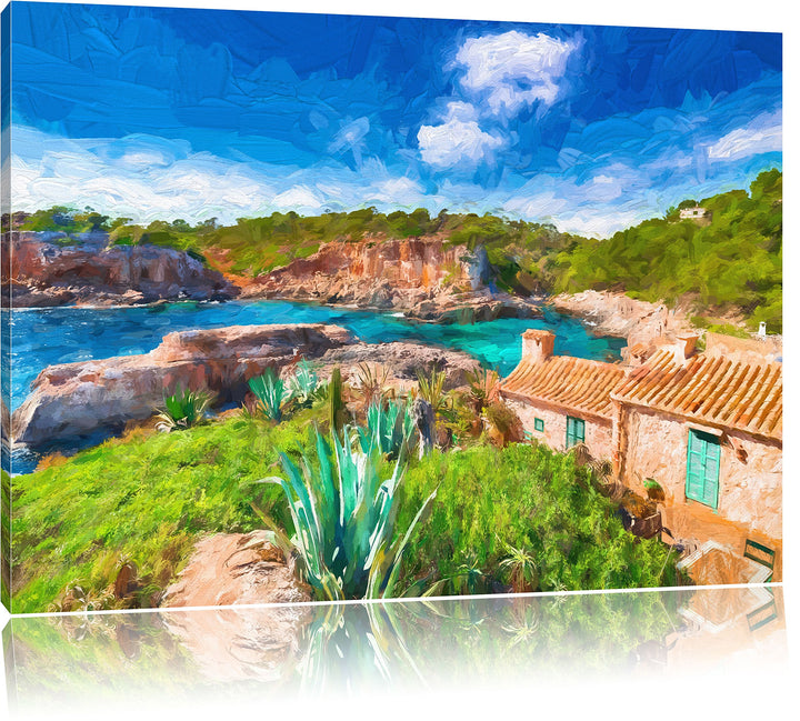 Pixxprint Ferienhaus an der spanischen Küste als Leinwandbild/Grösse: 100x70 cm/Wandbild/Kunstdruck/