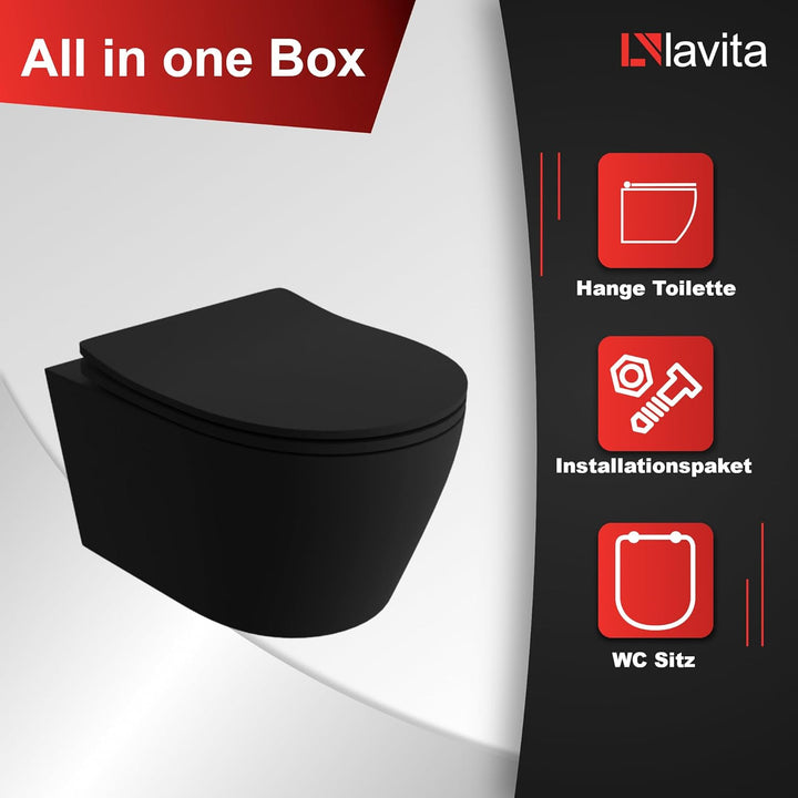 LAVITA Wand-WC Brava Black Hänge Toilette WC Sitz Toilettendeckel mit Absenkautomatik & Metallscharn