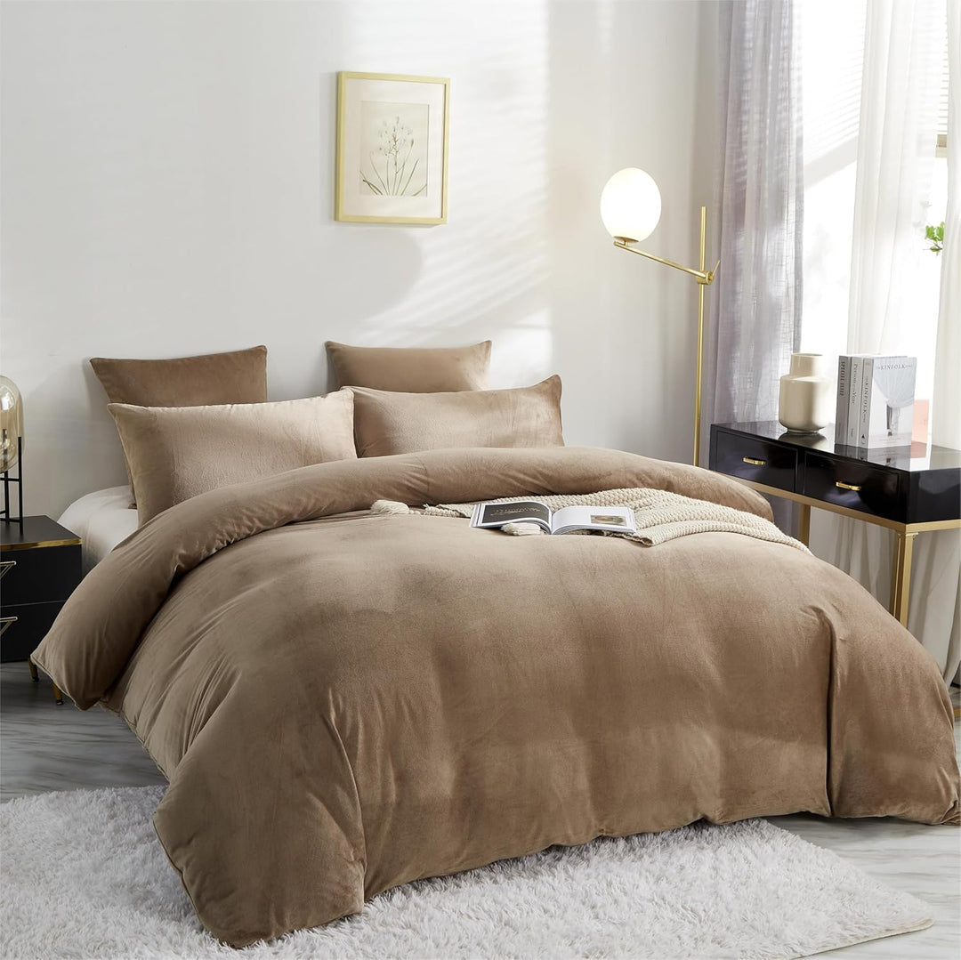 Freyamy Plüsch Bettwäsche 200x200cm 3Teilig Braun Flanell Flauschige Winterbettwäsche Samt Biber Cas