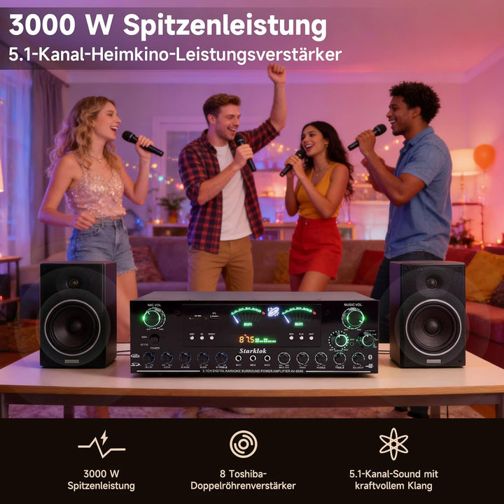 3000W Spitzenleistung 5.1-Channel HiFi Stereo Verstärker, Subwoofer Heimkino Verstärker mit Bluetoot