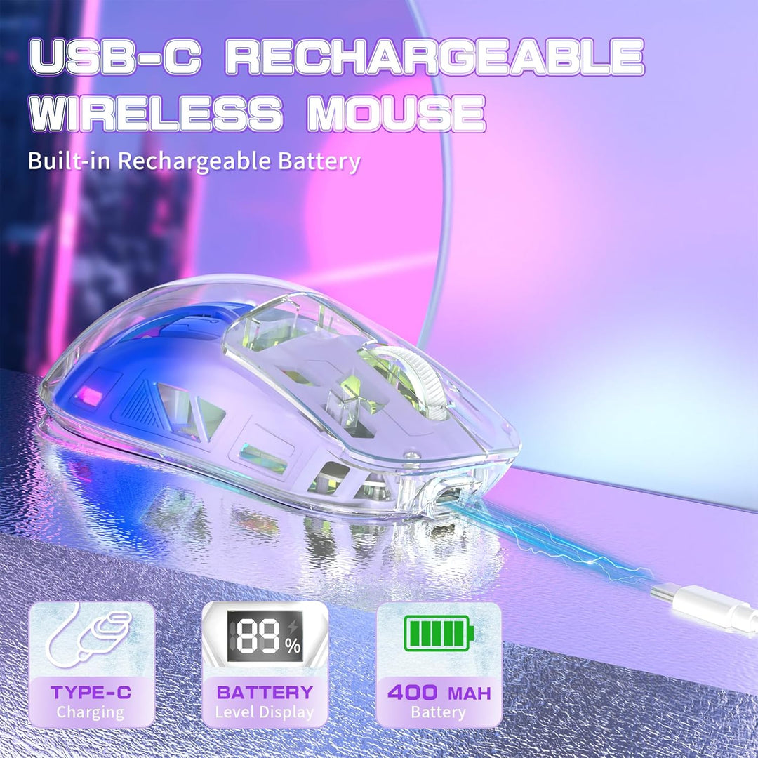 ZIYOU LANG x FREEWOLF Kabellose Gaming Maus, PixArt PAW3212 Dual Mode 2.4G/Bluetooth Transparente RG