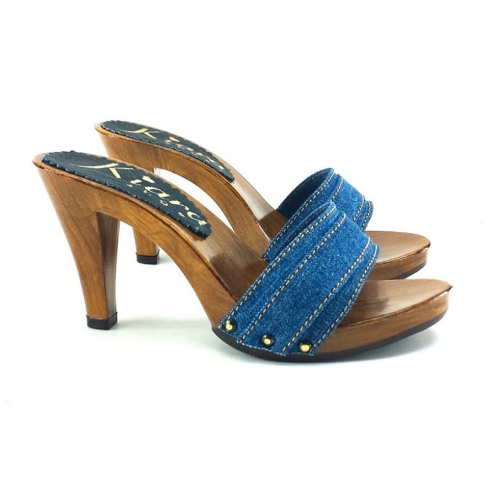 Kiara Shoes Damen-Clogs mit offener Spitze und Absatz 9 - K6101 Denim (38 EU, Denim) 38 EU Denim, 38