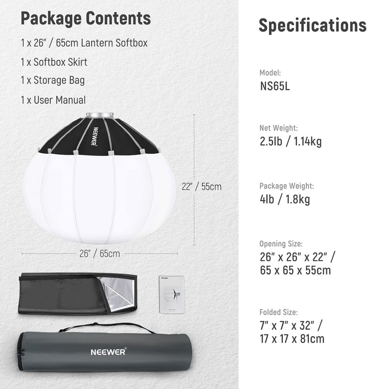 NEEWER 65cm Laternen Softbox mit ein Schritt Schnellwechsel,360°Lichtdiffusor mit Schürze,Bowens Mou
