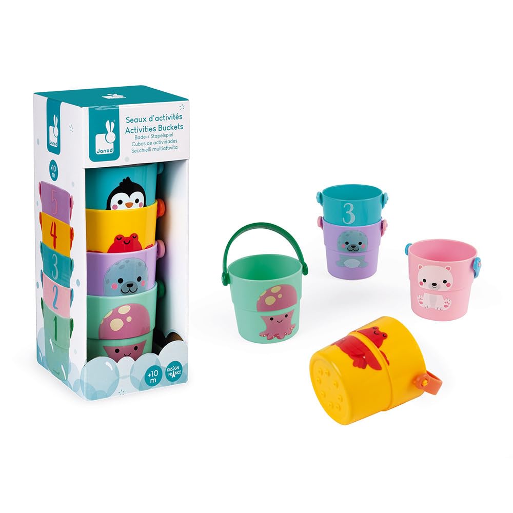 Janod - 5 Spieleimer für die Badewanne - Baby- und Kleinkindspielzeug - Handhabung und Geschicklichk