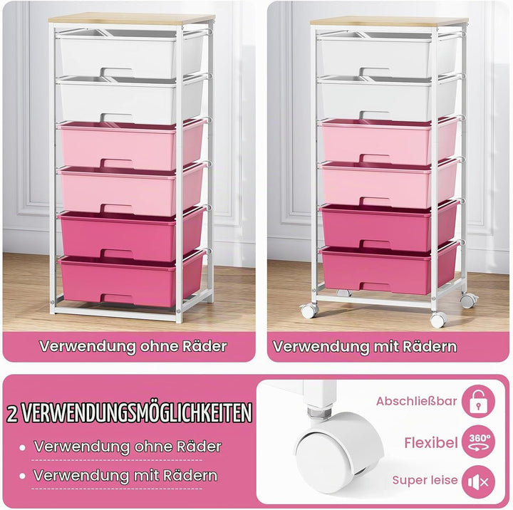 6-Schubladen-Rollwagen mit Holzplatte - Starker Rollcontainer aus Rosa, Rosa
