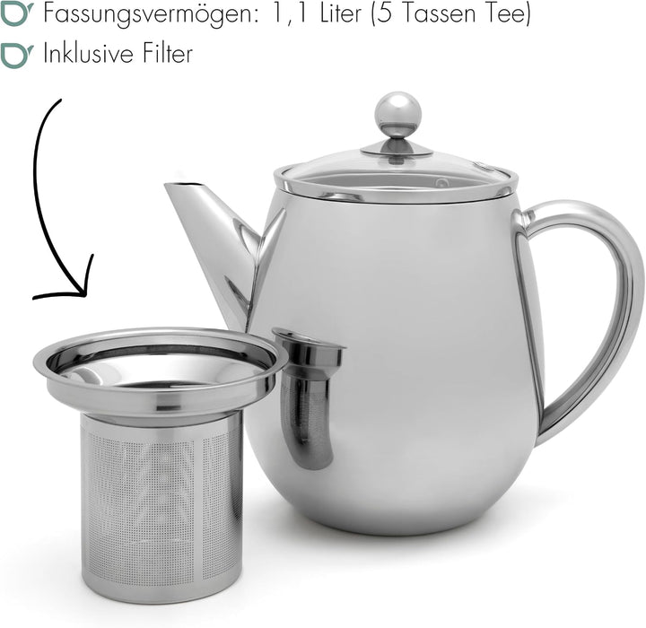 Bredemeijer Edelstahl Teekanne Duet Eva (1.1 Liter) – mit Teesieb & Edelstahlfilter in Einem, hitzeb