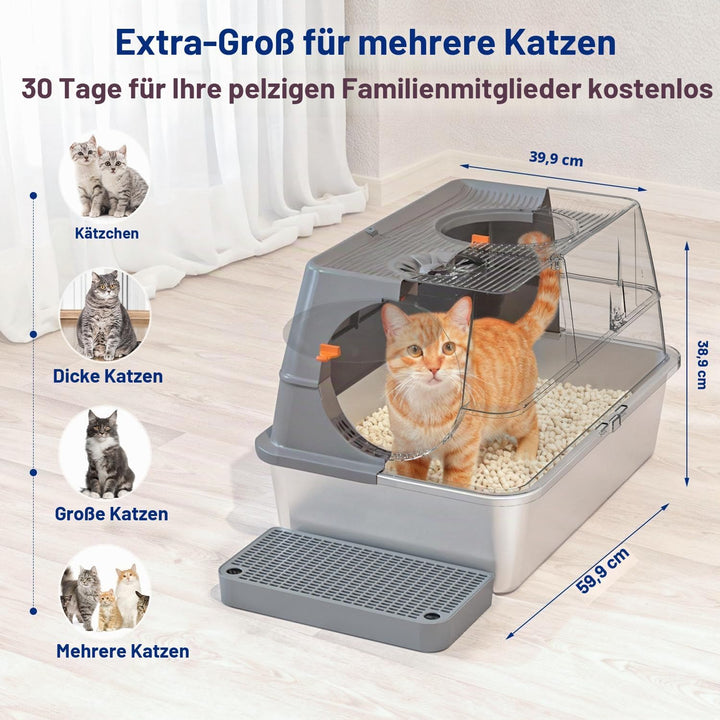 Katzenklo Edelstahl mit Deckel, XL Katzentoilette Geschlossen mit Schaufel, Zwei-Tür-Konfiguration,