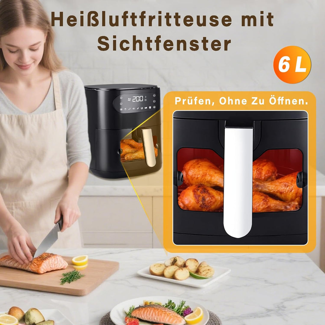 Citybee 6L Heissluftfritteuse mit beleuchtetem Sichtfenster - Extra Leiser Airfryer, 7 Programme & T