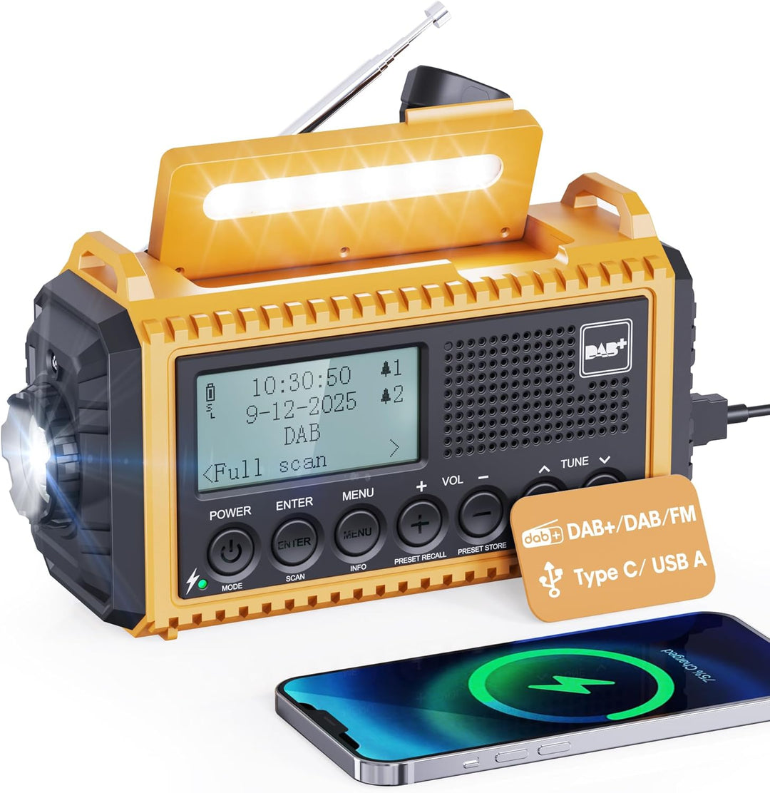 Kurbelradio DAB/UKW mit Akku 5000mAh, Tragbare Solar Radio mit LED-Taschenlampe & Leselicht, DAB+ Ba