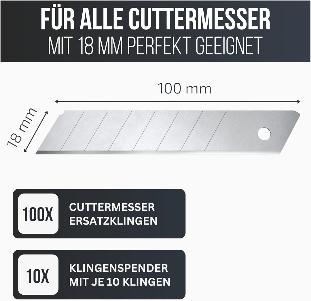 Filzada ® 100x Cuttermesser Klinge 18mm - Abbrechklinge/Messerklinge Carbonstahl, 100x Cuttermesser
