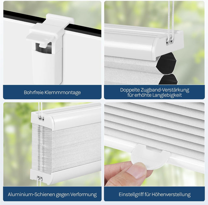 WOLTU Wabenplissee ohne Bohren verdunkelung Thermo Doppelplissee Klemmfix Zweifarbig 50x130cm Weiss-