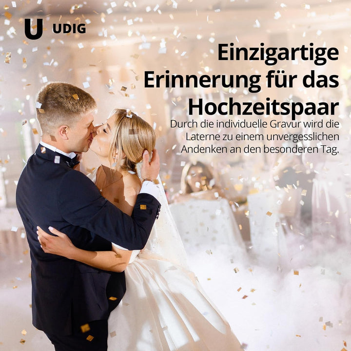 UDIG Laterne mit Gravur aus Metall, weiss, 28x15,5x15,5 cm, Hochzeitslaterne, persönliche Hochzeitsg