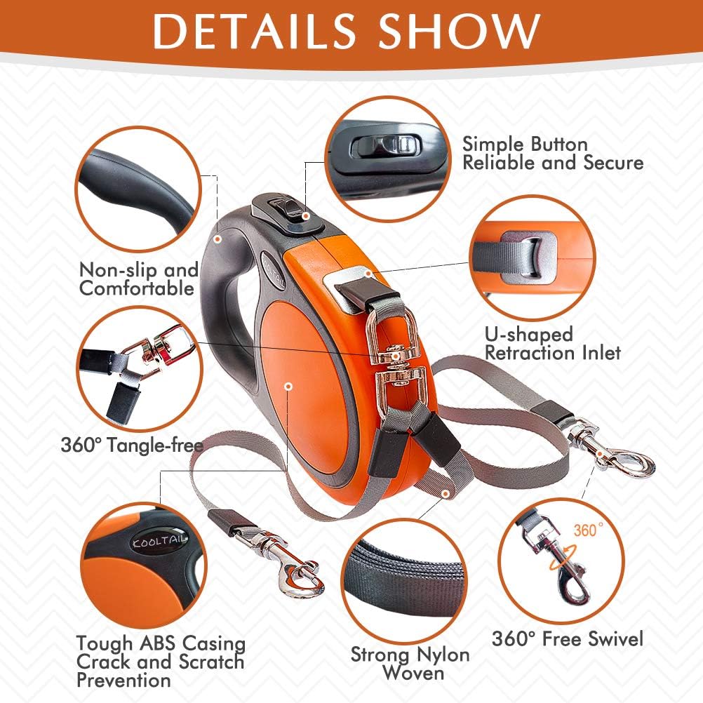 KOOLTAIL Dual Retractable Hundeleine für Zwei Hunde bis 110 Lbs, Heavy Duty Doppelkopf 16 ft Erweite
