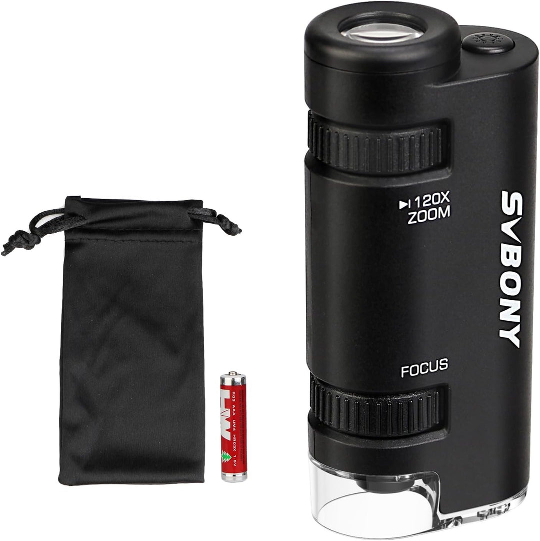 Svbony SV603 Taschenmikroskop mit LED Licht, 60x-120x Asphärisches Handmikroskop mit Akku, Pocket Mi