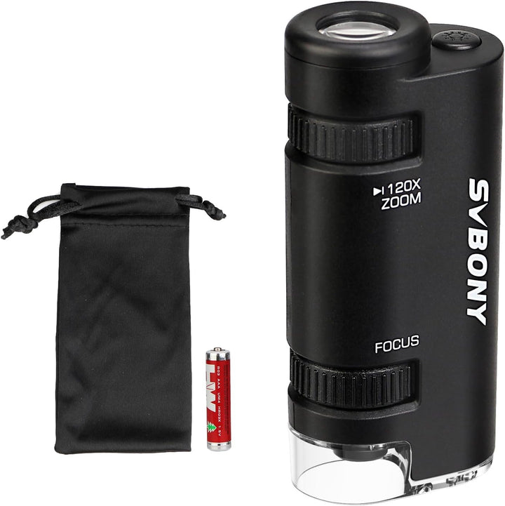 Svbony SV603 Taschenmikroskop mit LED Licht, 60x-120x Asphärisches Handmikroskop mit Akku, Pocket Mi