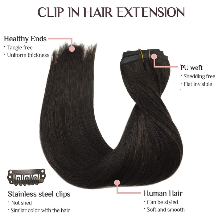 MAXITA PU Clip in Extensions Echthaar, 40cm 16 Zoll 110g 7 Stück Dunkelbraun Seamless Clip in Extens