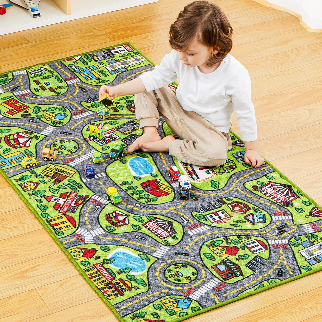 JOYIN Teppich Kinderzimmer 80x150cm mit 12 Mini Auto Spielzeug für Kinder, Spielteppich Strasse Kind