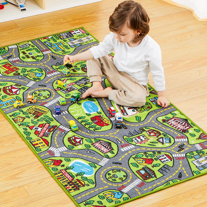 JOYIN Teppich Kinderzimmer 80x150cm mit 12 Mini Auto Spielzeug für Kinder, Spielteppich Strasse Kind