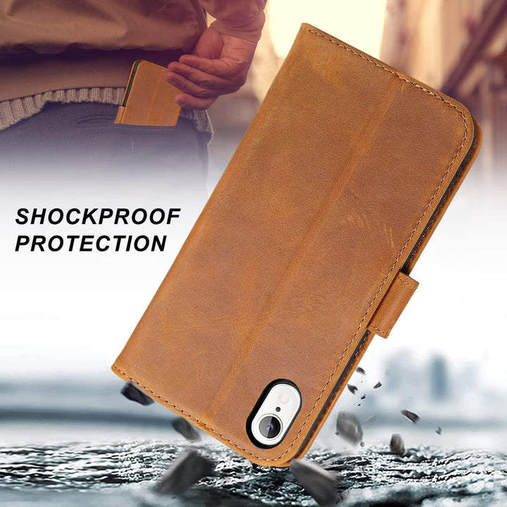 LENSUN Echtleder Hülle für iPhone XR, Handyhülle [Echtes Leder][Magnetverschluss][RFID Schutz] Handy