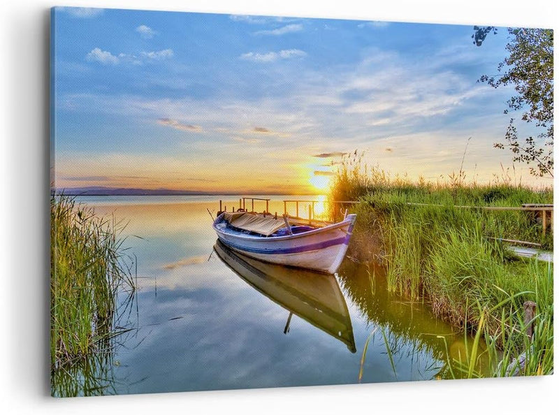 Bilder auf Leinwand 100x70cm Leinwandbild mit Rahmen See Boot Wasser Gross Wanddeko Bild Schlafzimme