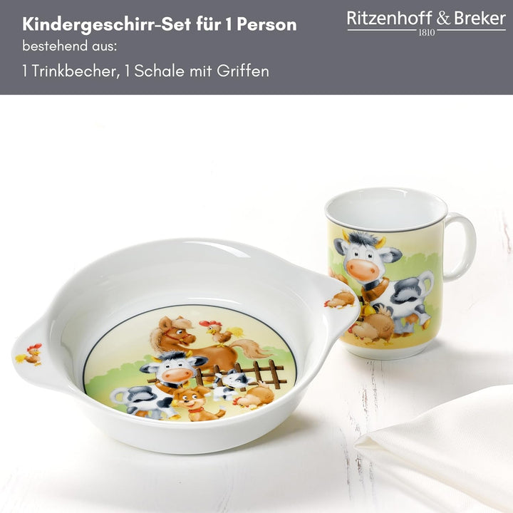 Ritzenhoff & Breker Kindergeschirr Set Hoftiere 2-teilig, Schale mit Griffen (500 ml) und Kinderbech