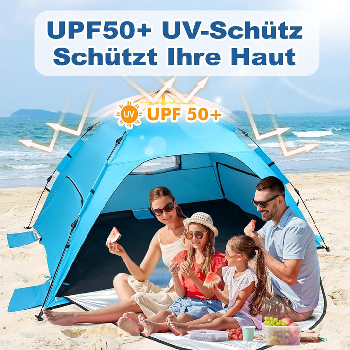 Strandzelt Strandmuschel Pop Up, UV Schutz 50+ Sonnenzelt mit Wasserdichter Strandmatte für 3-4 Pers
