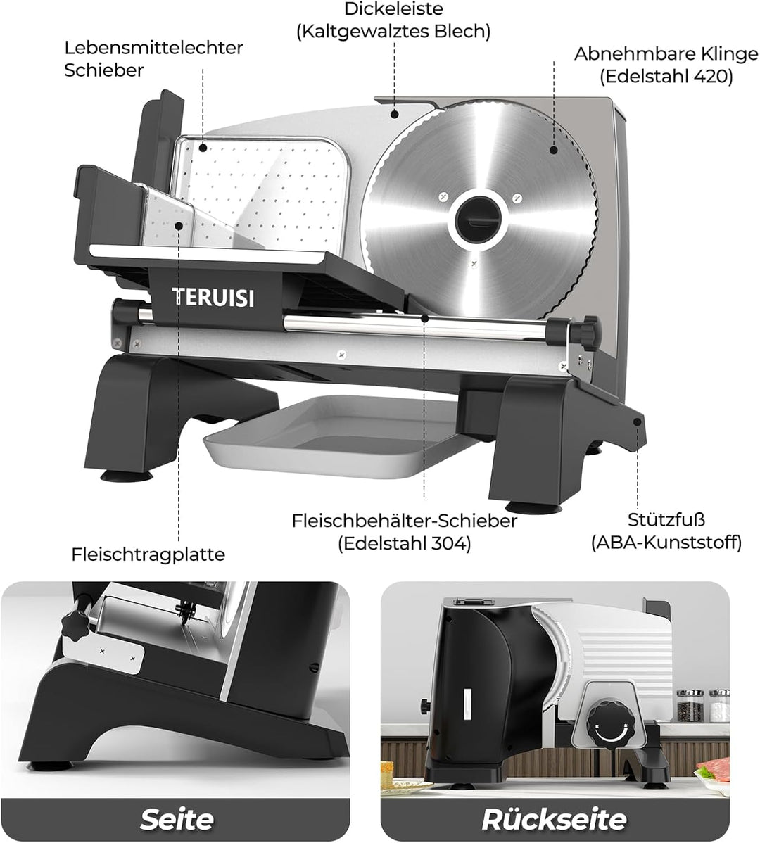 Elektrische Fleischschneidemaschine, 200 W Aufschnittmaschine mit 2 Edelstahlklingen 19 cm, 0–18 mm