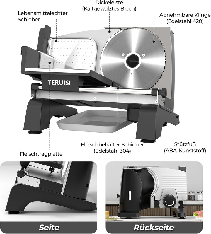Elektrische Fleischschneidemaschine, 200 W Aufschnittmaschine mit 2 Edelstahlklingen 19 cm, 0–18 mm