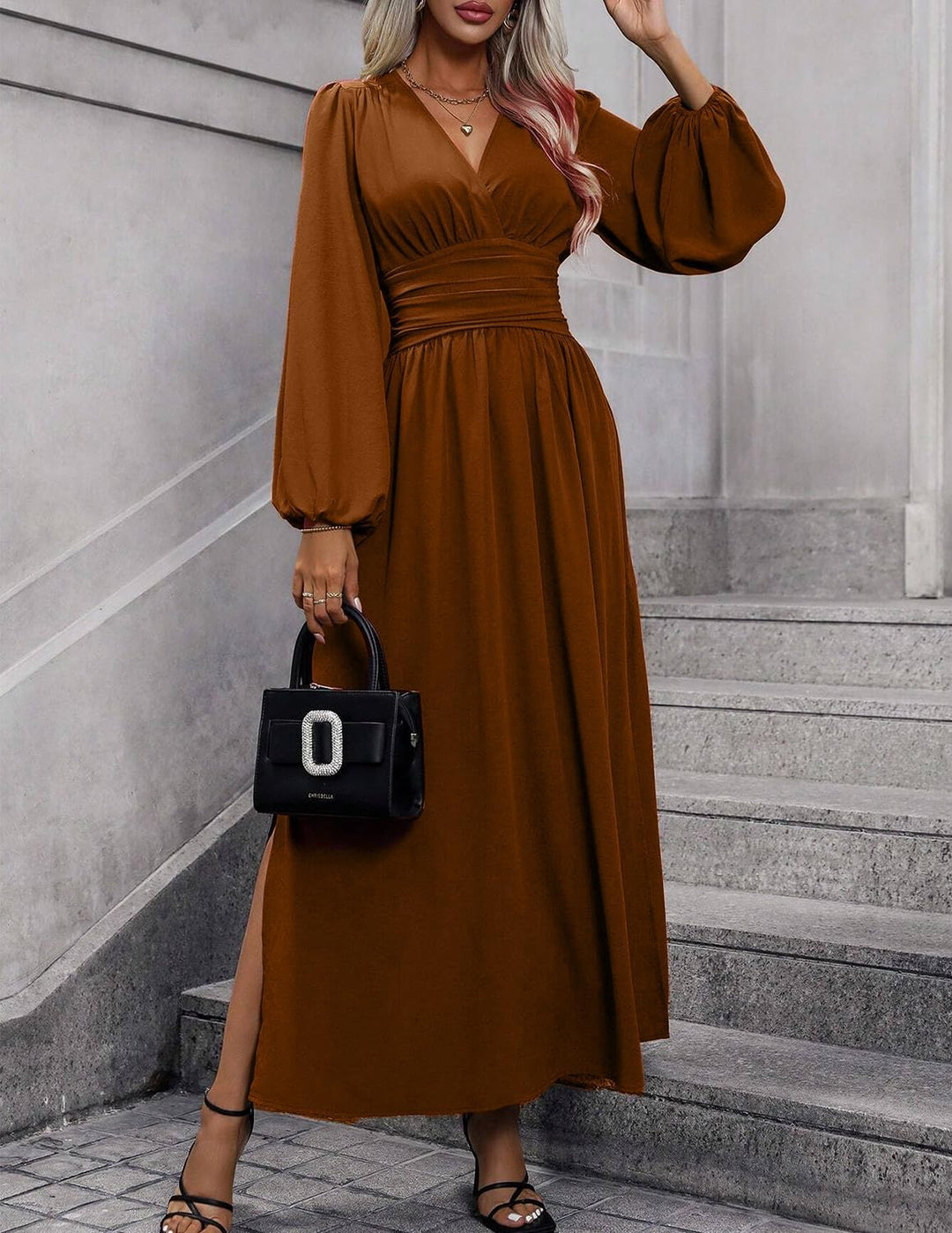 Damen Kleid 2.0 Elegant Langarm V-Ausschnit Tunika Maxikleider Casual Hohe Taille Saumschlitz Cockta