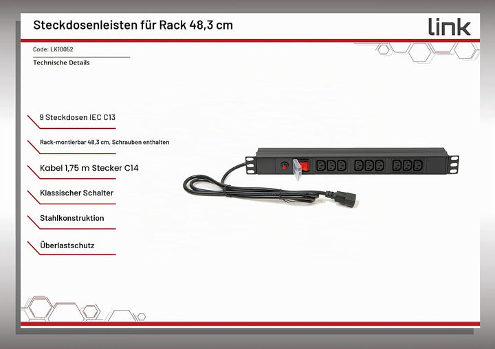 LINK lk10052 Steckdosenleiste 9 Fach weiblich IEC C13 Für Schrank Rack 19 " Single, Single