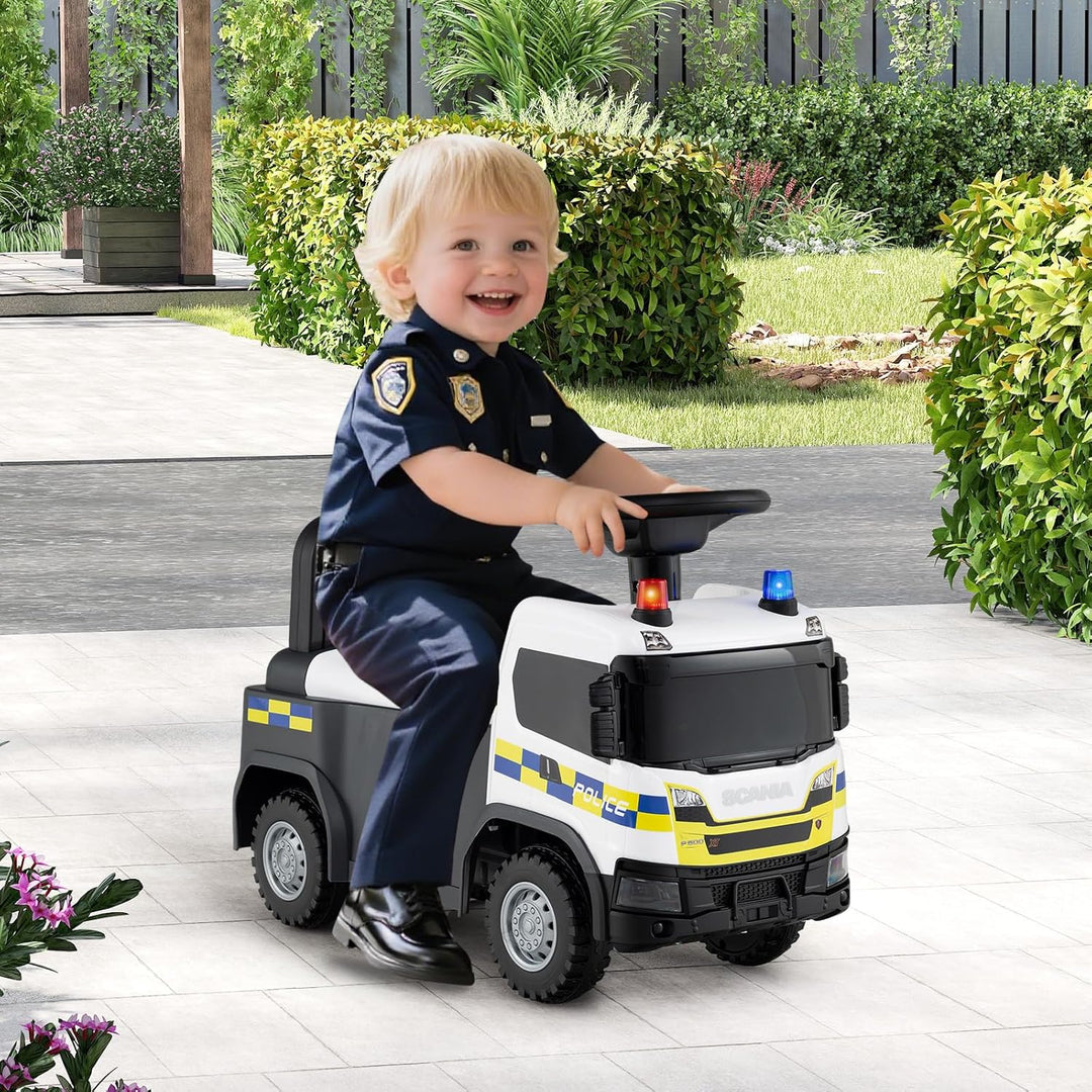 COSTWAY 2 in 1 Rutschauto, Polizeiauto mit Lenkrad, LED-Licht, Hupe & Musik, Rutscher Auto mit Staur