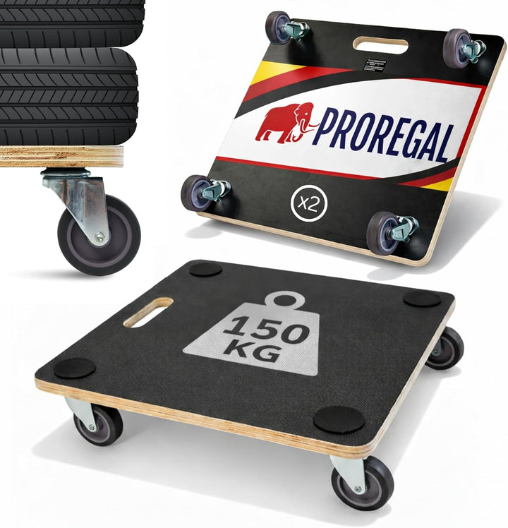 PROREGAL 2er Set Profi Transportroller Hercules 50x50 cm Schwerlast bis 150 kg 4 Gummirollen & Griff