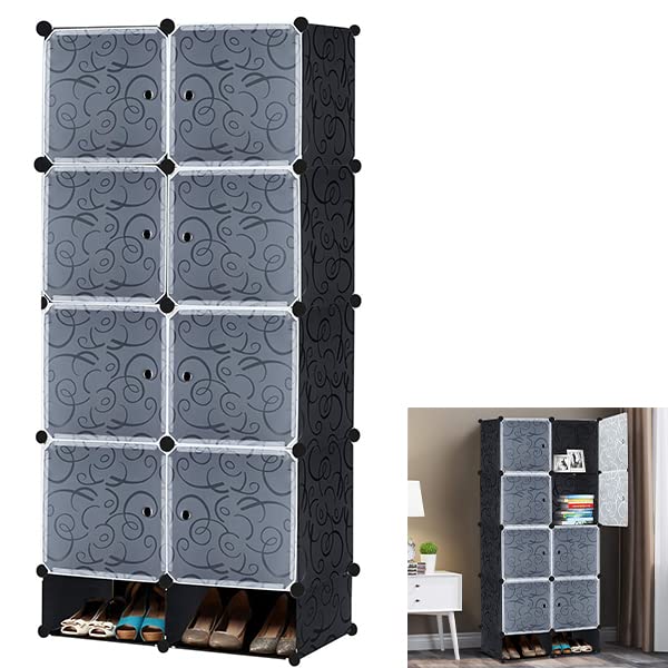 YUENFONG Kleiderschrank Regalsystem aus 8 Würfeln PP Material, Garderobenschrank mit Türen, Schuhsch