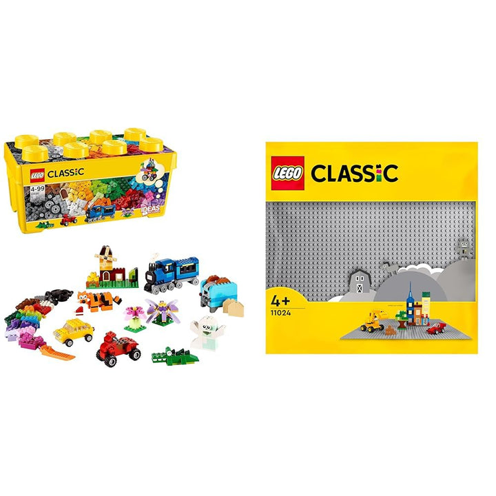 LEGO Classic Mittelgrosse Bausteine-Box, Konstruktionsspielzeug & Classic Graue Bauplatte, quadratis