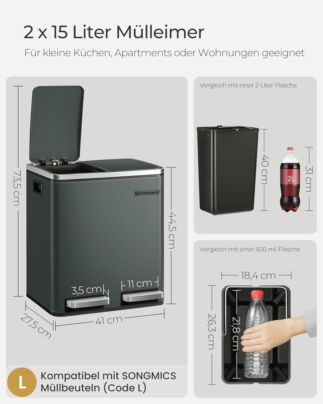 SONGMICS Mülleimer Küche, 2 x 15 L, Mülltrennsystem, Abfalleimer aus Metall, Treteimer mit Inneneime
