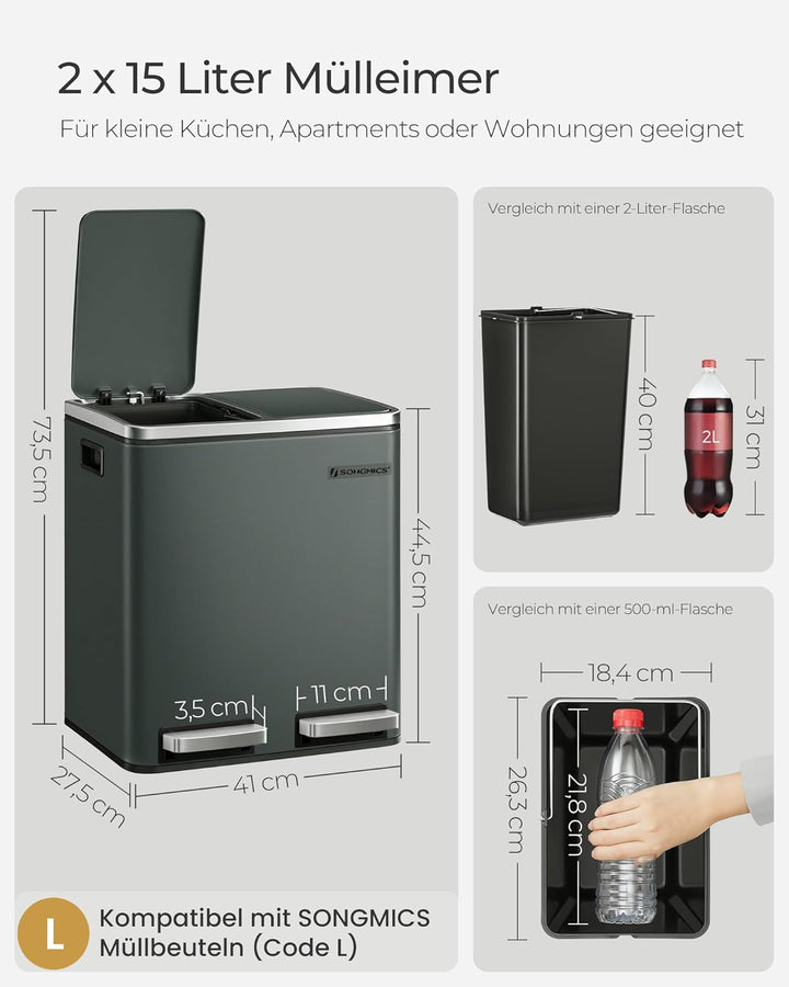 SONGMICS Mülleimer Küche, 2 x 15 L, Mülltrennsystem, Abfalleimer aus Metall, Treteimer mit Inneneime