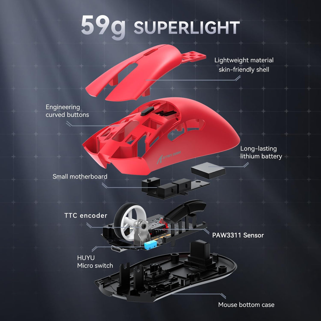 ATTACK SHARK R1 59g Superlight Maus, PixArt PAW3311 Gaming-Sensor, BT/2,4G kabellose/kabelgebundene
