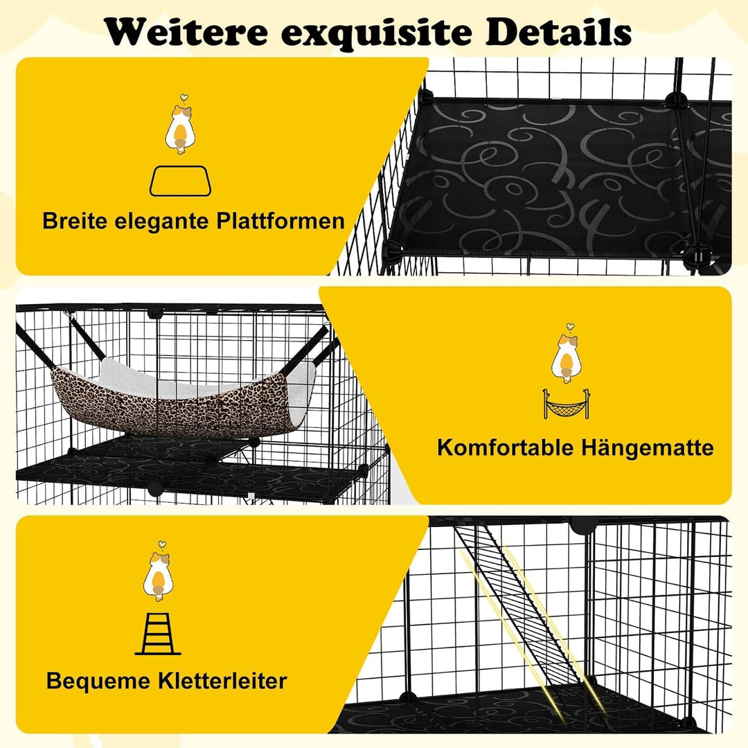 FANTASK Metalldrahtkäfig 3-stöckig, grosse Katzenkäfig mit Dachfenster, Hängematte, 2 Leitern &amp; 3 Tü