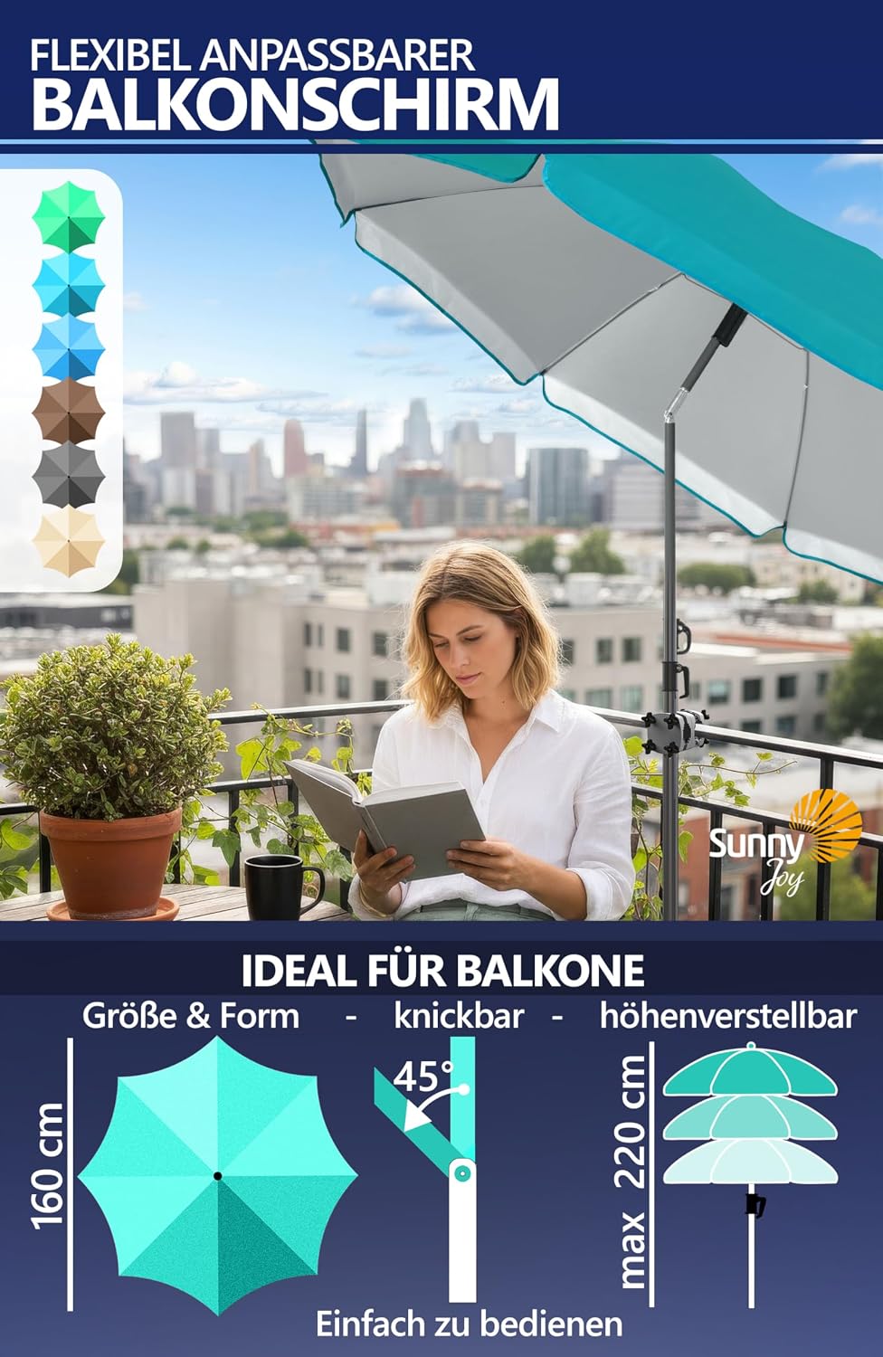 4smile Sonnenschirm Balkon SunnyJoy, 3-in-1 SET, Türkis - UPF 50+ Sonnenschirm Ø 160 cm + SunnyGuy S