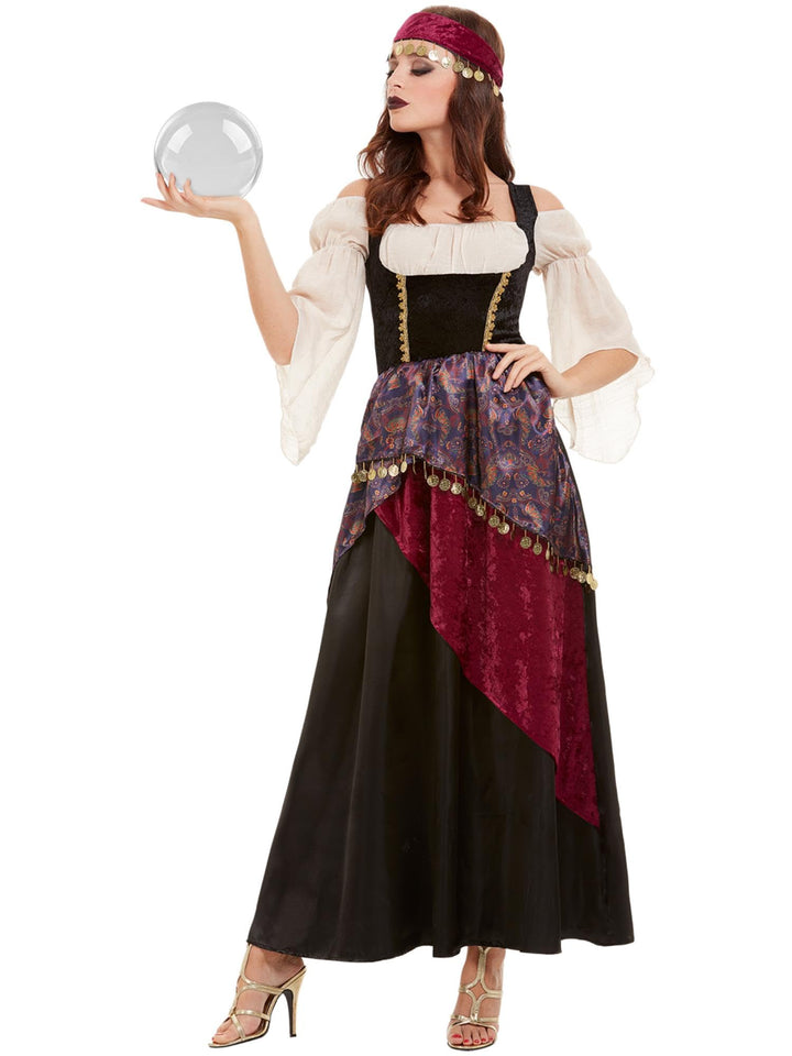 Smiffys Deluxe Fortune Teller Costume, Black with Dress &amp; Headband, Circus Fancy Dress, Adult Dress