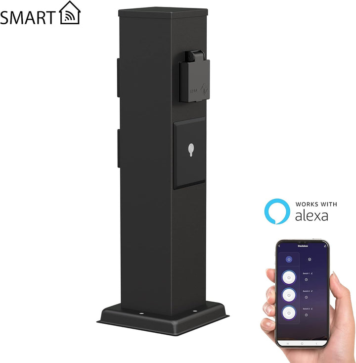 ledscom.de 3X Garten Steckdosensäule Polly für aussen, IP44, Smart Home, WLAN, Alexa, 3-Fach, schwar