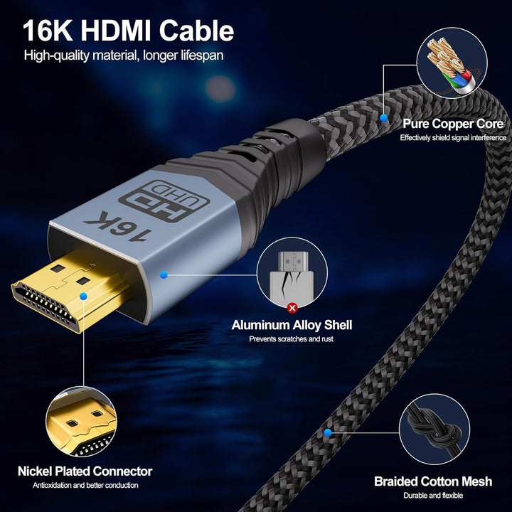 HDMI 2.2 Kabel 5m, 96Gbps Ultra High Speed Hdmi Kabel Unterstützt 16K@60Hz 8K@240Hz 4K@480Hz, eARC,