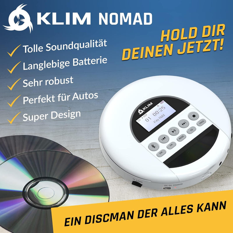 KLIM Nomad - NEU 2024 - Tragbarer CD-Player Discman mit langlebigem Akku - Inklusive Kopfhörer - Kom