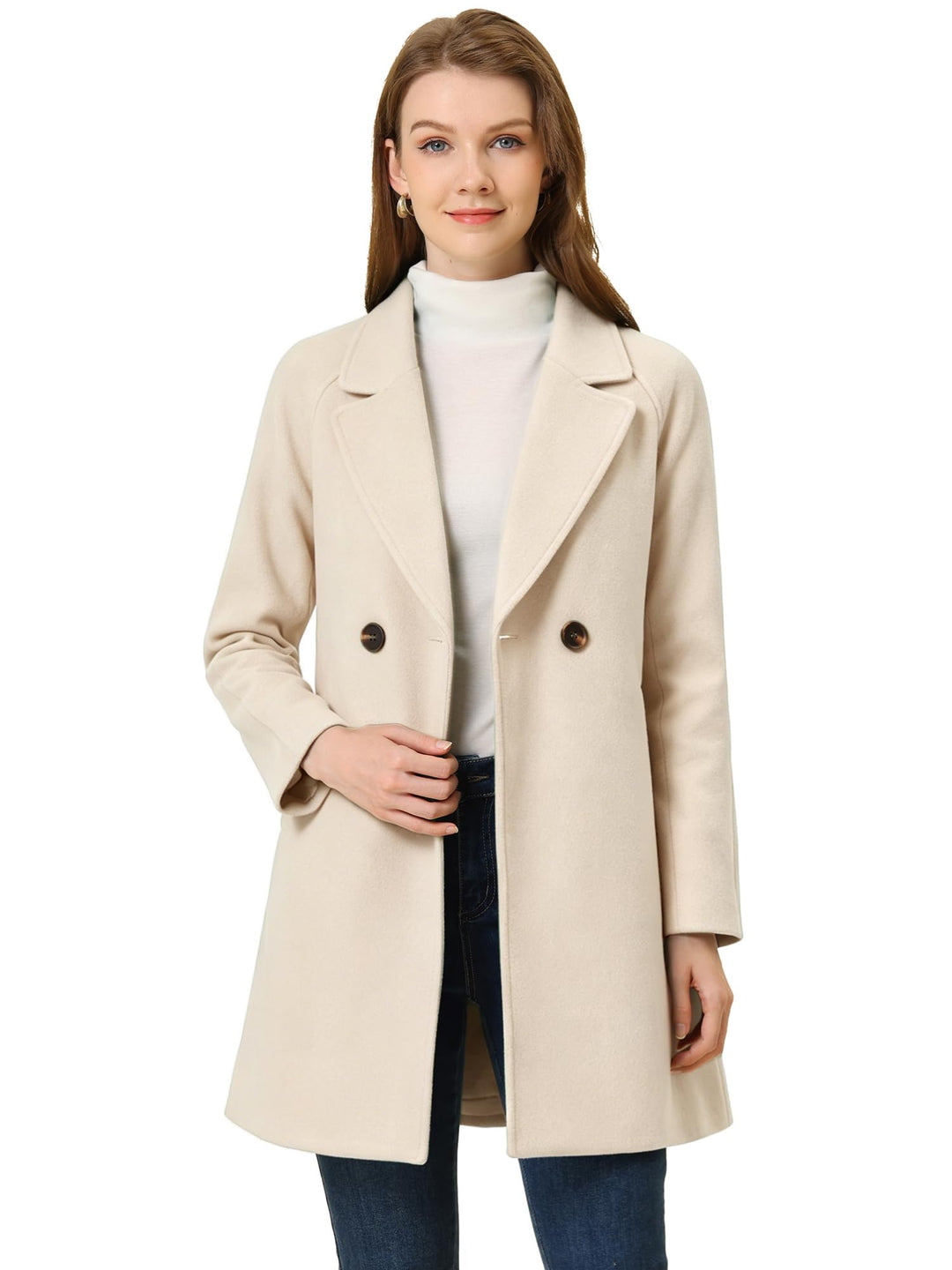 Allegra K Damen Langarm Umlegekragen Zweireiher Raglan Trenchcoat Mantel 42 Cremeweiss, 42 Cremeweis