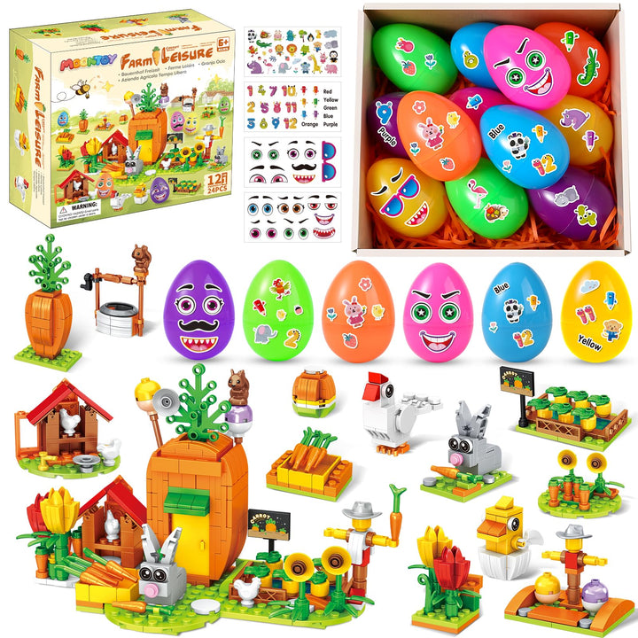 MOONTOY Ostergeschenke Kinder, 12 Ostereier mit 12 Oster Bausteinsets & 4 Stickern, DIY Osternest Fü