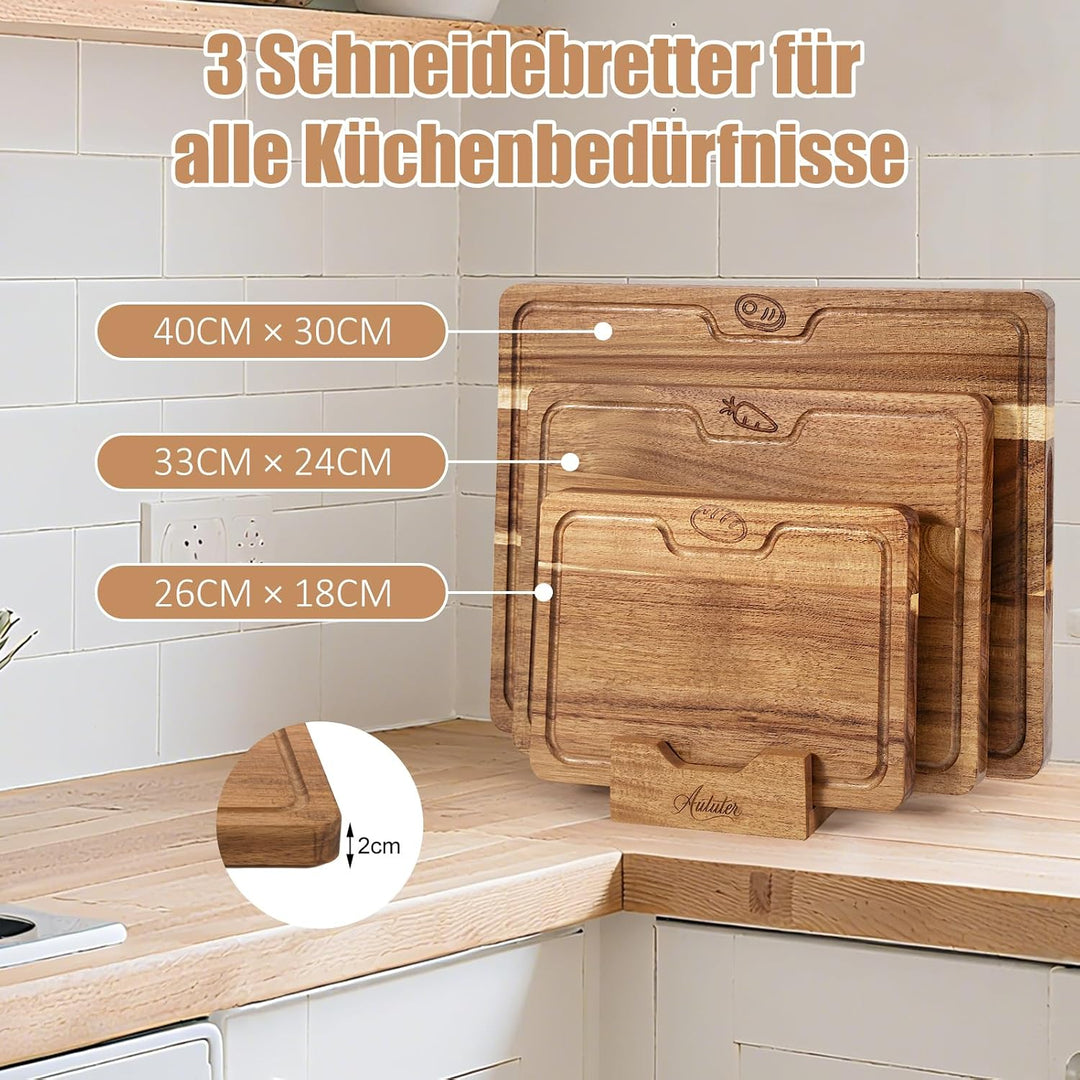 Akazienholz Schneidebrett Set 3-teilig mit Saftrille &amp; Griffmulde | Massives Holzbrett für Fleisch,