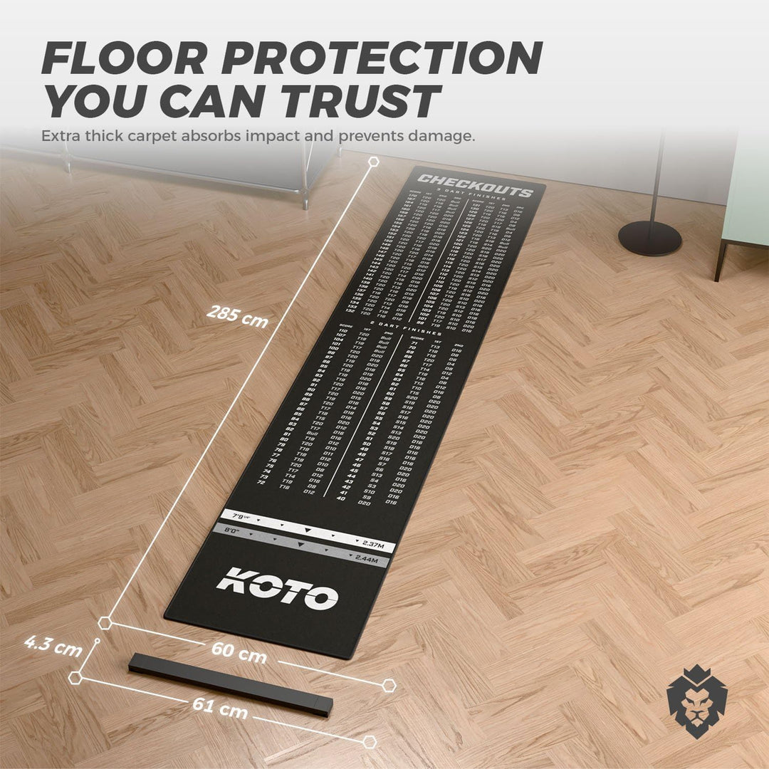 KOTO - Oche Carpet Checkout Dartmatte Schwarz 285 x 60 cm, Hochwertige Dartmatte mit Anti-Rutsch-Bes